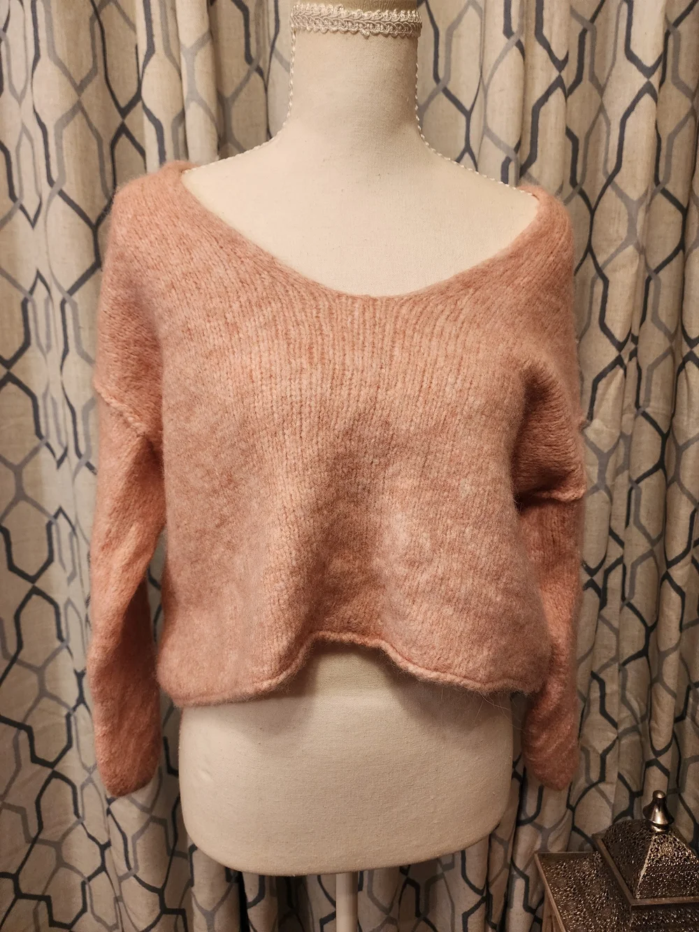 Free People Cuddle Up Alpaca Wool Blend V-Neck Cropped Pullover Sweater M Pink